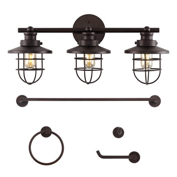 Ellis 24" 3-Light Industrial Farmhouse Vanity Light with Bathroom Hardware Accessory Set - JONATHAN Y